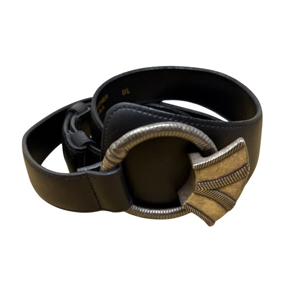 Vintage Chicos Black Leather Statement Belt Silver Ring Adjustable Size ML SA - Picture 1 of 6